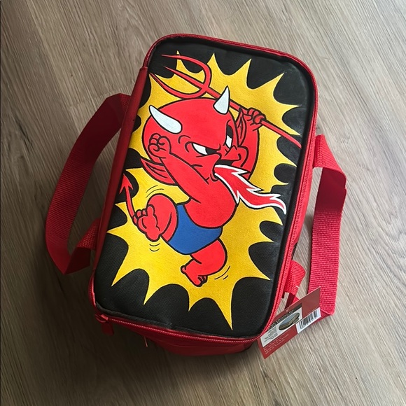 Red and Black Toiletry Bag with Playful Graphic Design - Picture 1 of 6